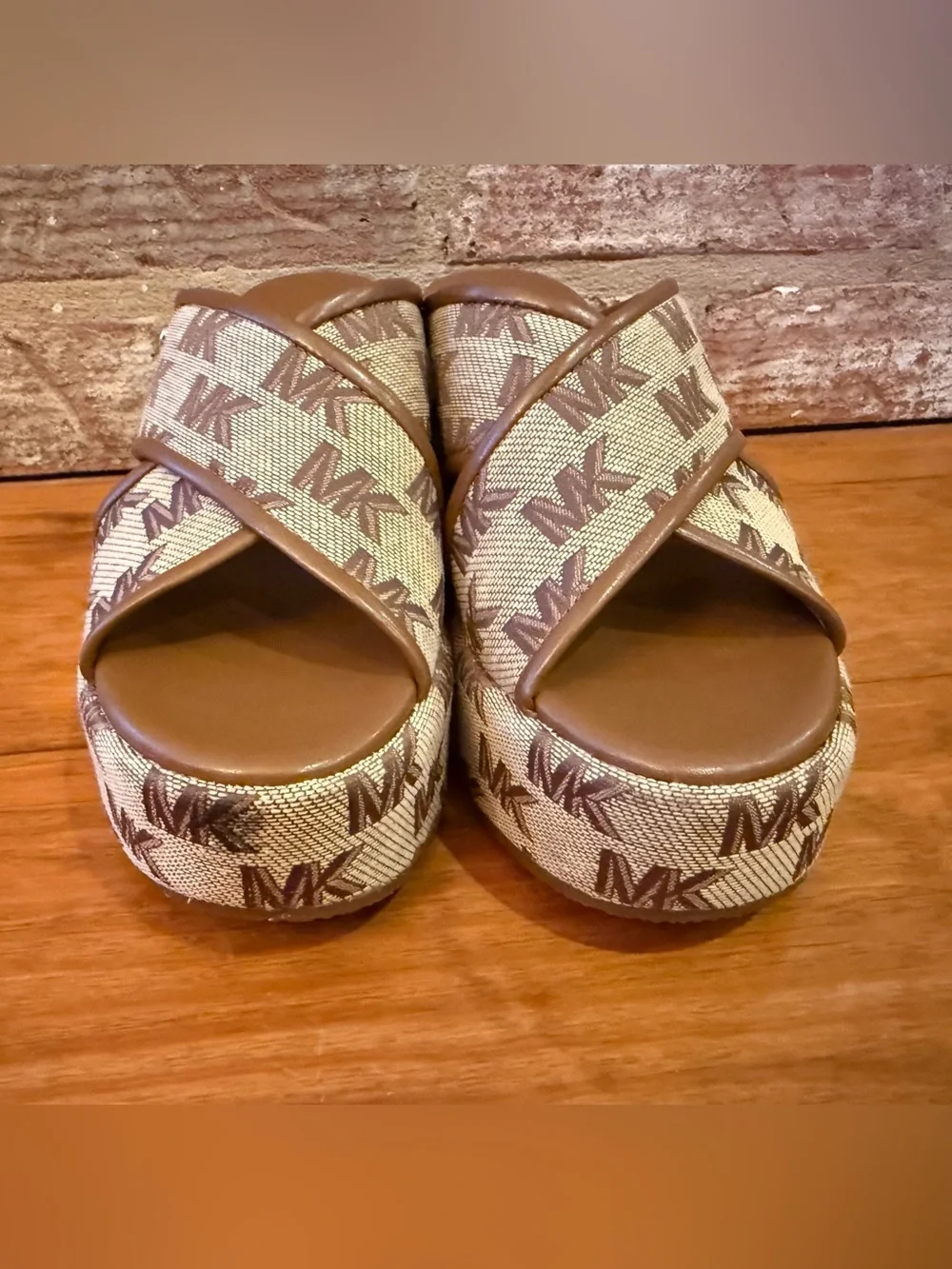 Michael Kors Tan/Brown MK Logo Platform Wedge Slides